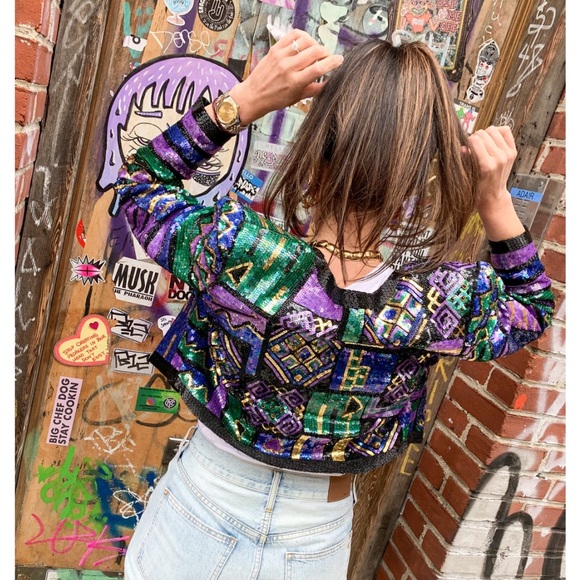 Vintage Jackets & Blazers - Vintage 80s Jewel Tone Sequin Cropped Bolero Jacket by Lawrence Kazar Size Large